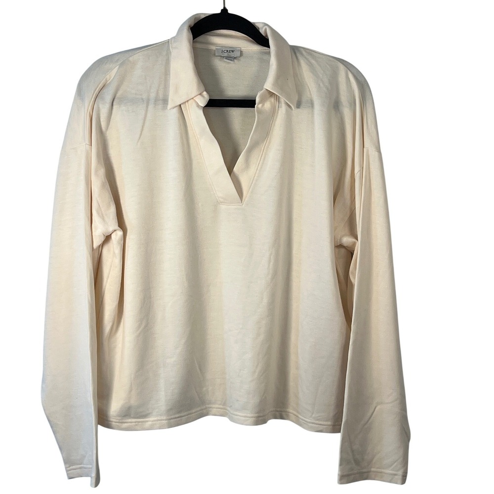 J. Crew Womens Cream Soft Collard V-Neck Pullover Sweatshirt Top Preppy Large